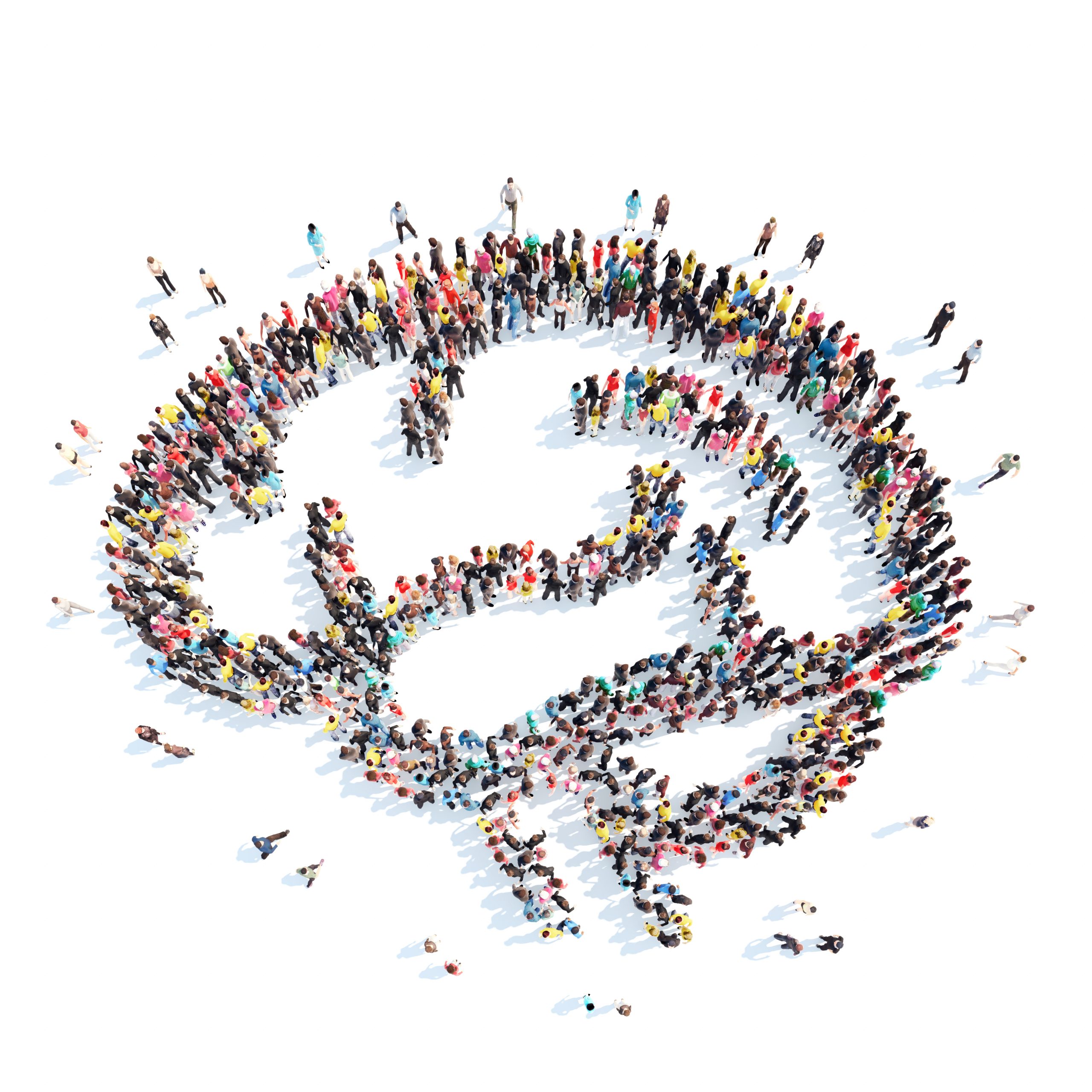 A large group of people in the shape of the brain. Isolated, white background.